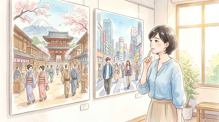 図書館で史実の本と脚本を見比べて考えている女性のイラスト
