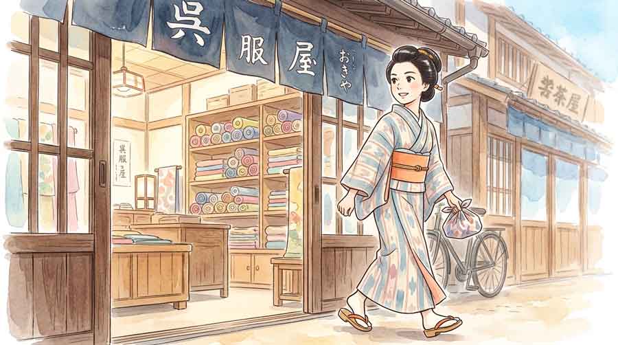 和風の居間で家族が囲む食卓のほのぼのしたイラスト