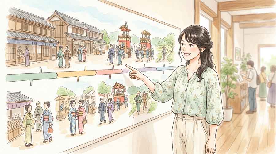 造の橋と川沿いの柳が描かれた昭和初期の街並みイラスト