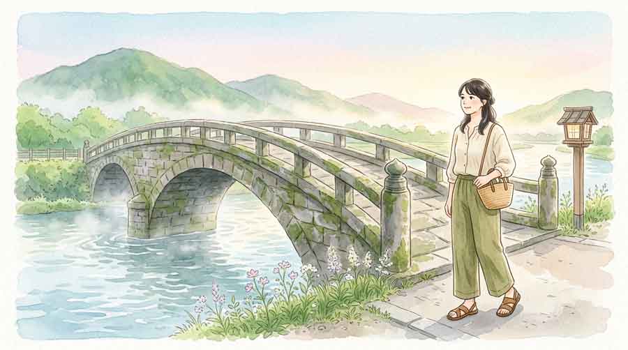  木造の五連アーチ橋と川の風景を描いた静かなイラスト