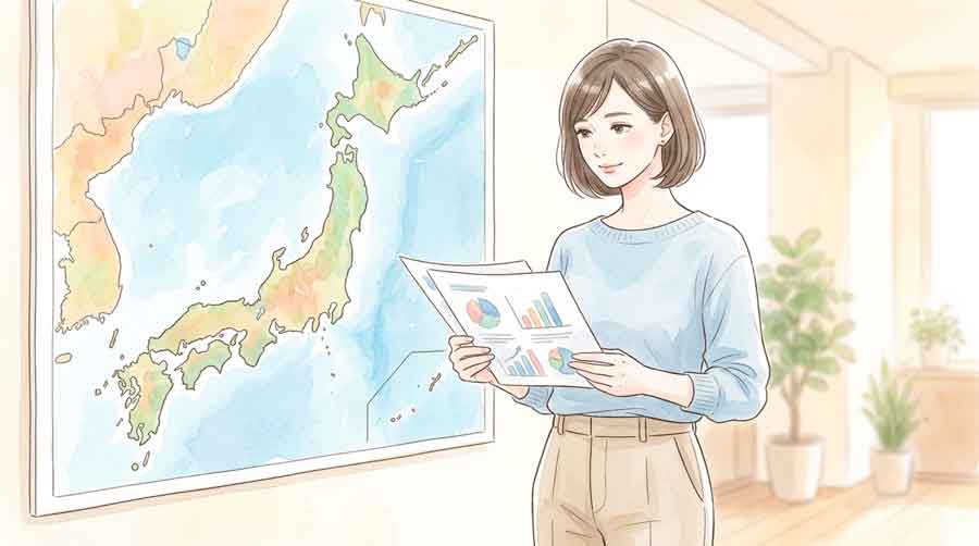 日本地図の前に立ち通信インフラの資料を確認する女性のイラスト