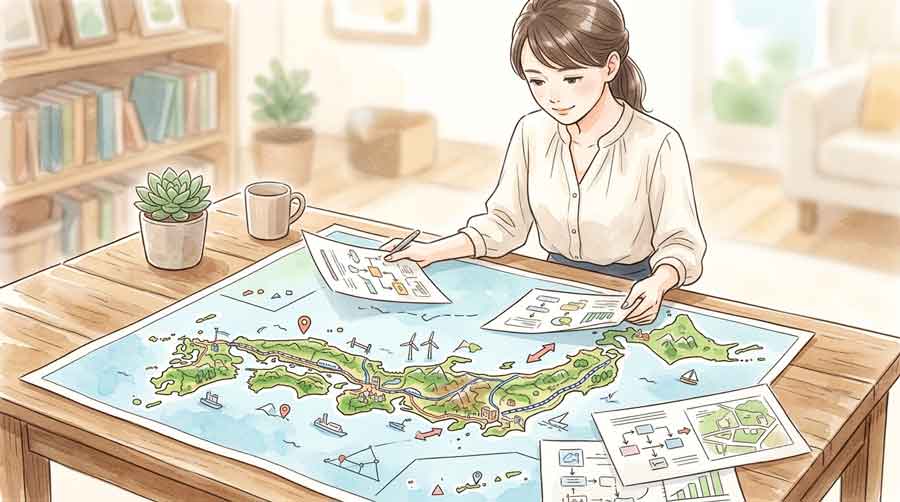 日本地図と資料を前にインフラ政策について考える女性のイラスト