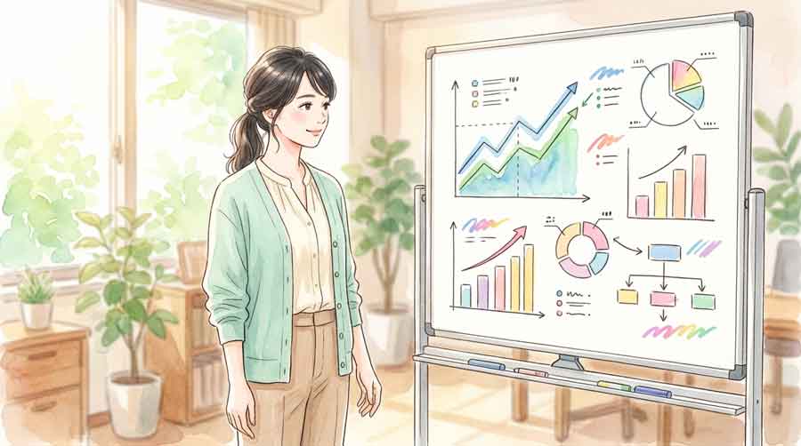 ホワイトボードの前で財務戦略を整理している落ち着いた女性のイラスト