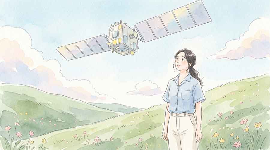巨大なフェーズドアレイアンテナを広げた衛星を見上げて驚く女性のイラスト