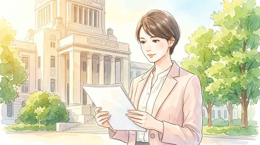 総務省の建物を背景に書類を確認する知的な女性のイラスト