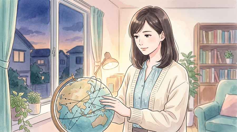 地球と宇宙を繋ぐ衛星ネットワークを落ち着いた表情で眺める女性のイラスト
