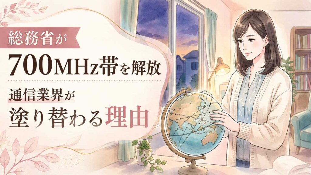 地球と宇宙を繋ぐ衛星ネットワークを落ち着いた表情で眺める女性のイラスト