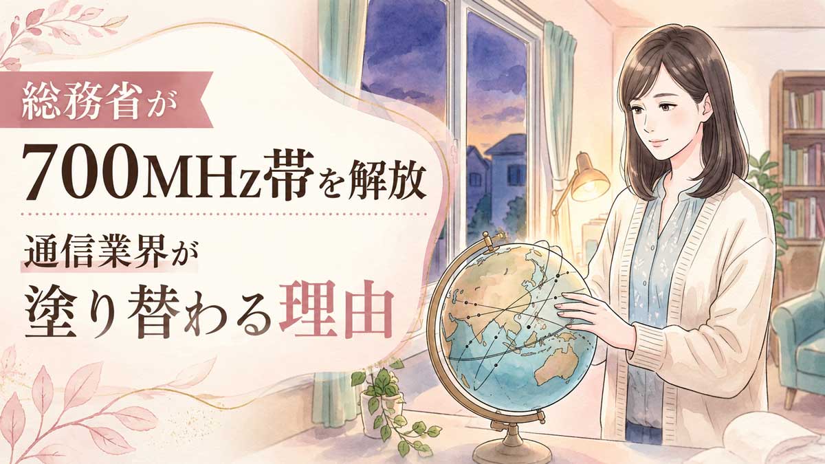 地球と宇宙を繋ぐ衛星ネットワークを落ち着いた表情で眺める女性のイラスト