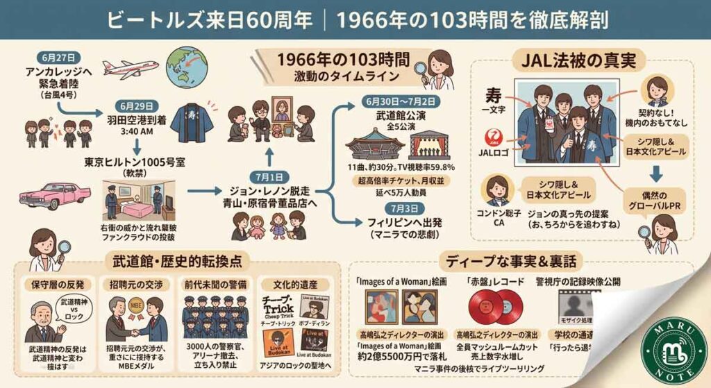 ビートルズ来日60周年|1966年の103時間を徹底解剖——JAL法被・武道館・未公開写真の真実インフォグラフ