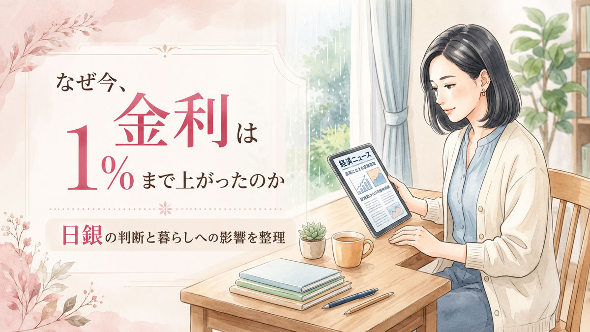 経済ニュースを見て真剣な表情で考える30代女性 title: 政策金利1%の背景を整理する女性