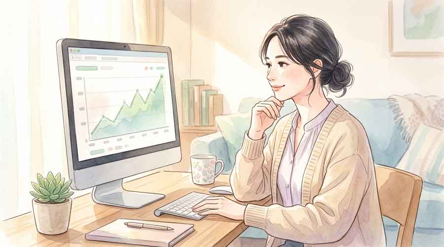 パソコンで投資データを確認する落ち着いた表情の女性