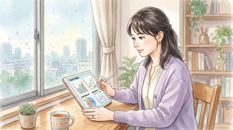 不動産市場のデータを資料で確認する女性