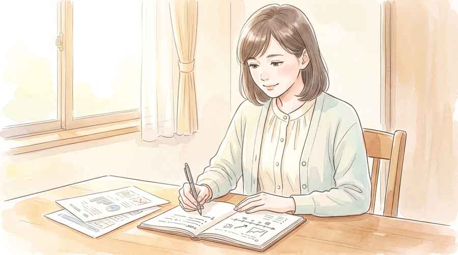 資料を見ながら経済の構造変化を考える女性
