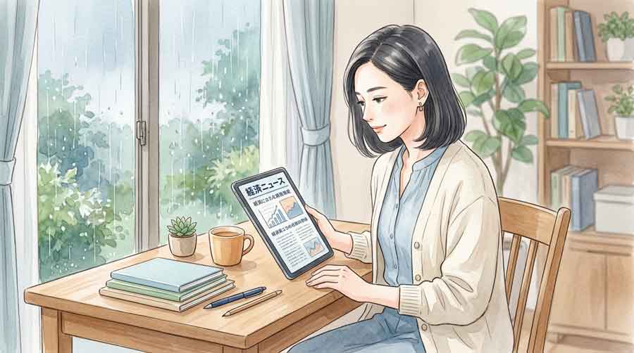 経済ニュースを見て真剣な表情で考える30代女性 title: 政策金利1%の背景を整理する女性