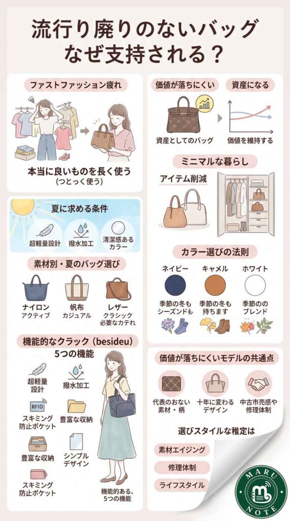 なぜ"流行り廃りのないバッグ"が支持されるのか?ハイブランド定番モデルを暮らし目線で整理インフォグラフ
