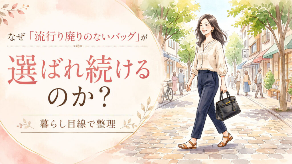 上品な定番バッグを持ちながら夏の街を歩く知的な日本人女性のイラスト