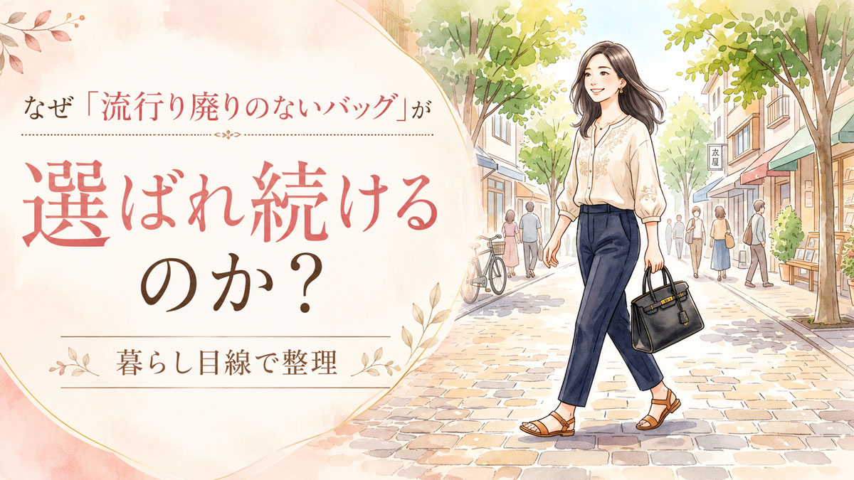 上品な定番バッグを持ちながら夏の街を歩く知的な日本人女性のイラスト