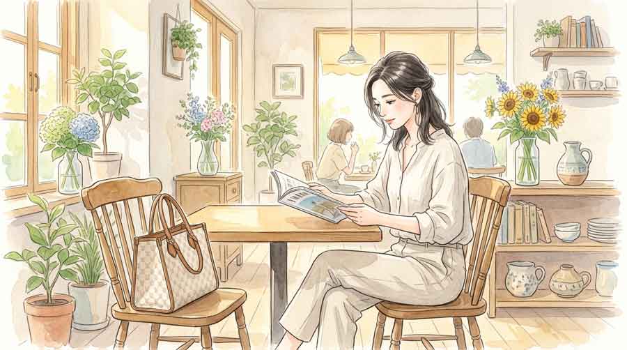 ハイブランドバッグが並ぶエレガントなショップを眺める夏の女性のイラスト