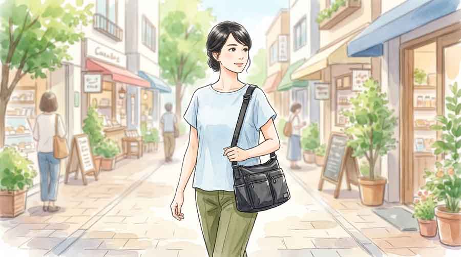 機能的なビサイユのバッグを持ちながら夏の街を歩く知的な女性のイラスト