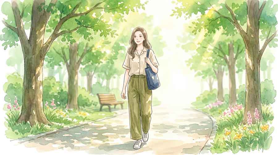 夏の日差しの中、定番バッグを持ちながら散歩する落ち着いた雰囲気の女性のイラスト