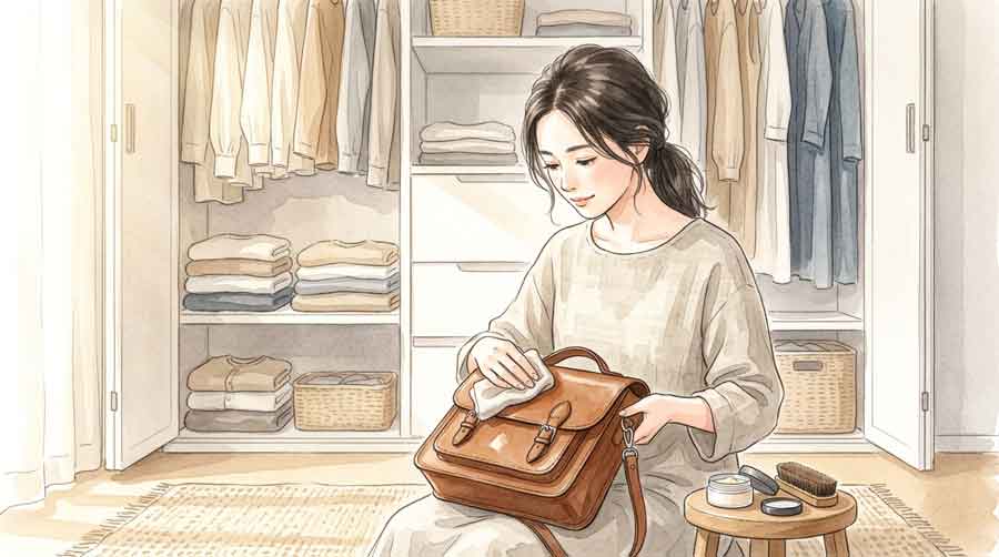 クローゼットの前で定番バッグを丁寧に手入れする女性のイラスト