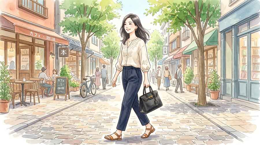 上品な定番バッグを持ちながら夏の街を歩く知的な日本人女性のイラスト