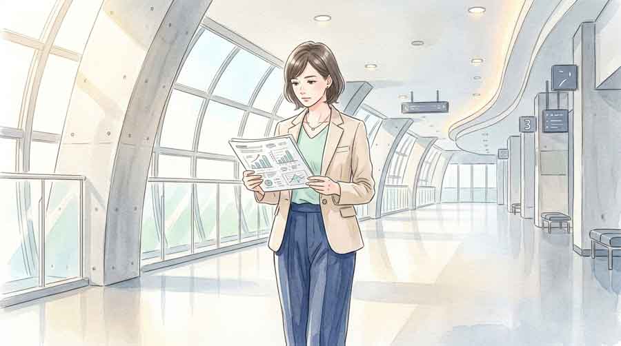 スタジアムのコンコースで資料を手に真剣な表情で歩く知的な女性