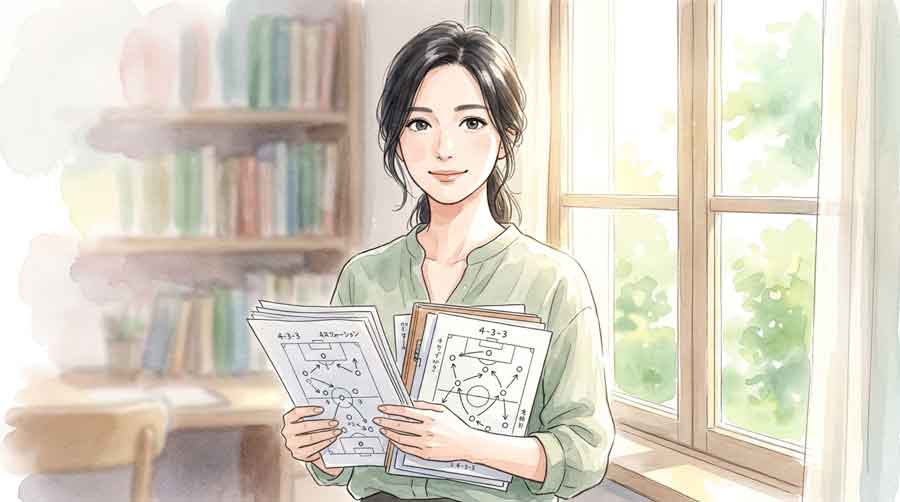 窓辺に立ちながら確信を持った表情で前を向く女性