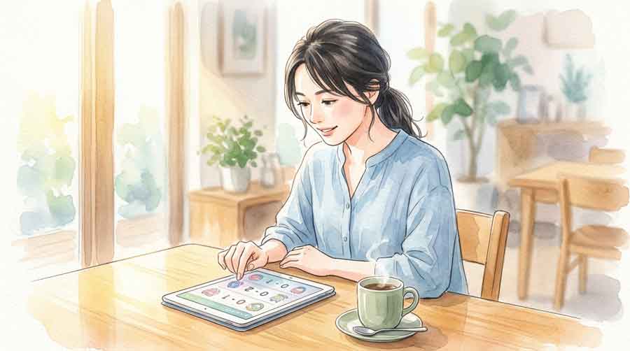 コーヒーを片手にタブレットでサッカーの戦術図を確認している知的な女性