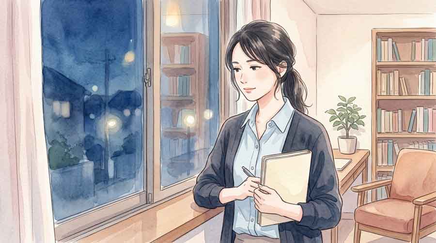 戦術ボードを眺めながら静かに考える知的な女性