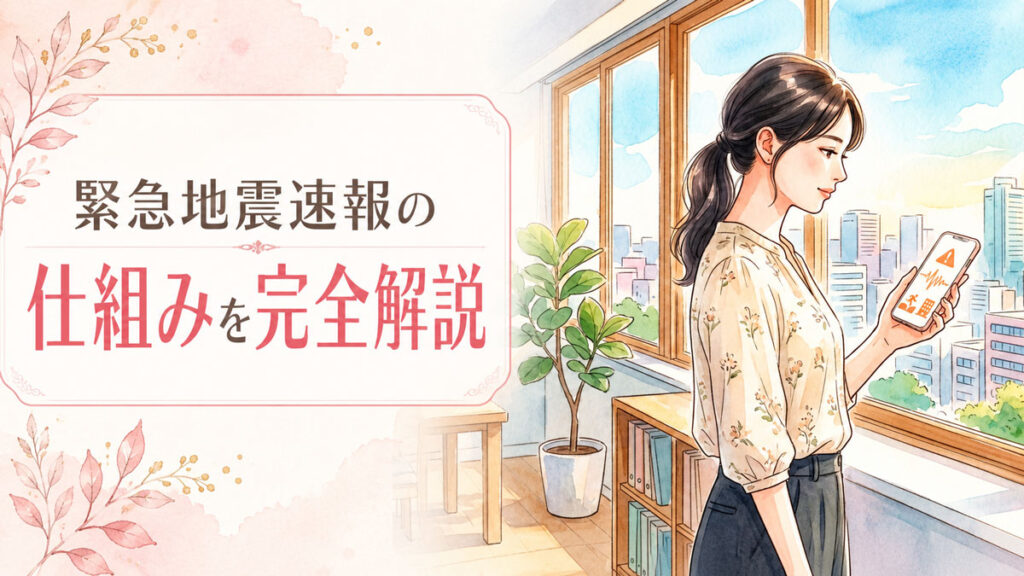 スマートフォンに表示される緊急地震速報を落ち着いて確認する女性