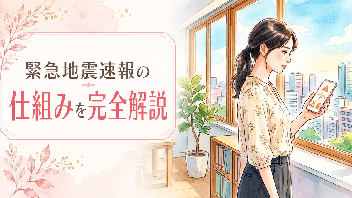 スマートフォンに表示される緊急地震速報を落ち着いて確認する女性