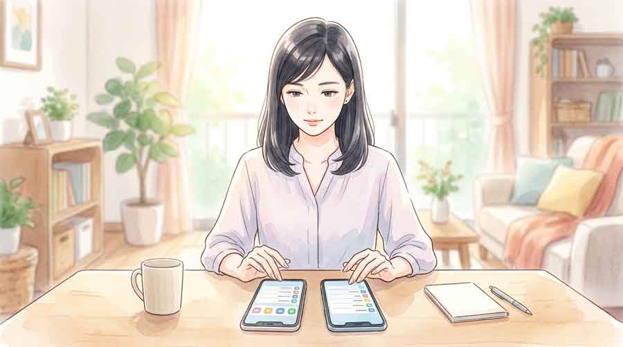 iPhoneとAndroidスマートフォンの設定画面をそれぞれ確認する落ち着いた女性