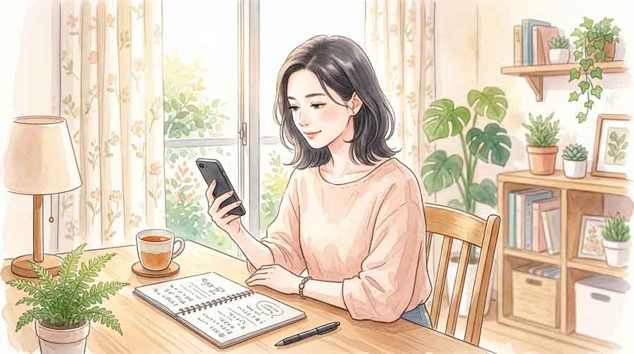 困惑した様子でスマートフォンを眺める知的な女性のイラスト