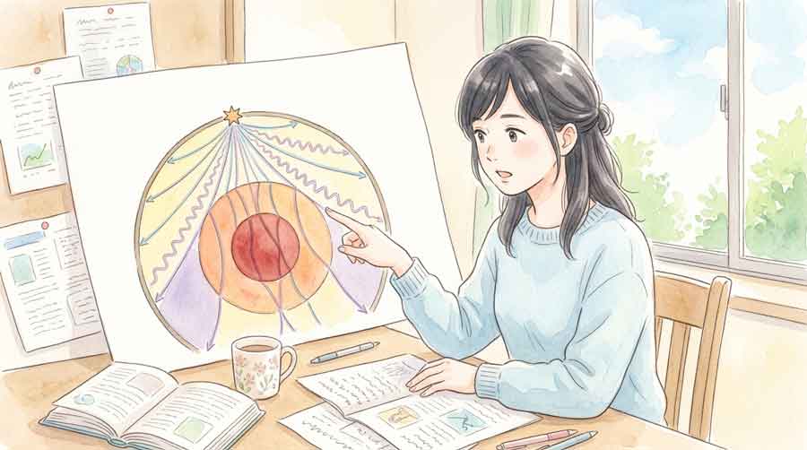 地球断面図でP波とS波が伝わるスピードの違いを示す図解イラスト