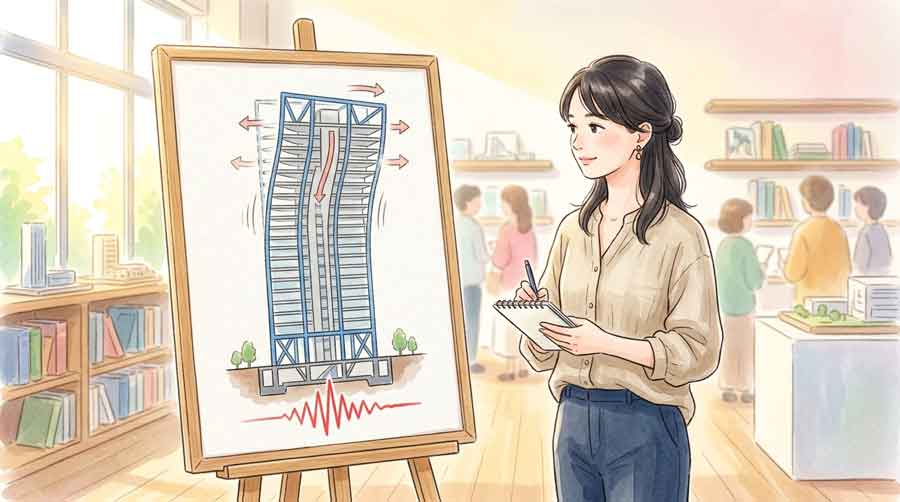 震度スケールと高層ビルの揺れを示すイラスト