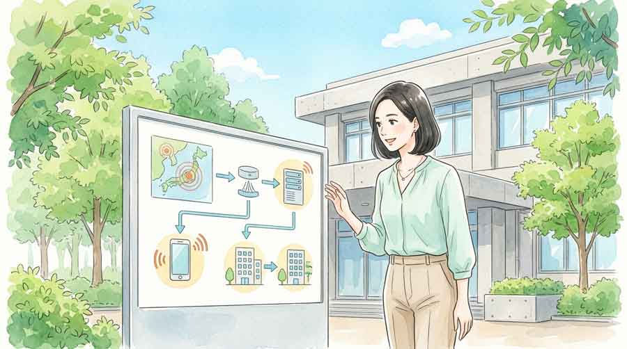 気象庁の建物と地震情報のモニターを示すイラスト