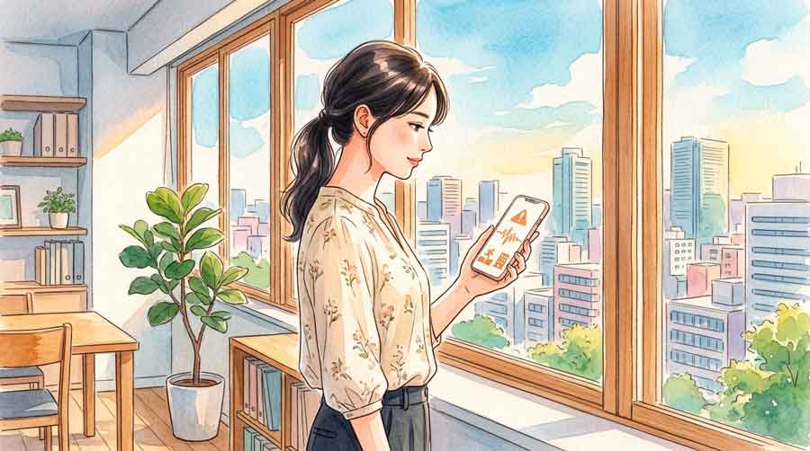 スマートフォンに表示される緊急地震速報を落ち着いて確認する女性