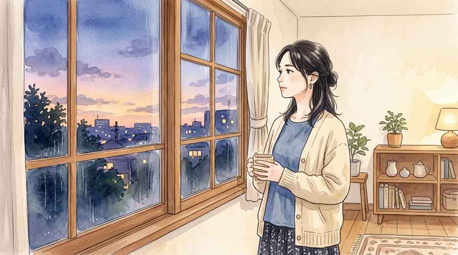 夕暮れ時に電気の消えた部屋で窓の外を眺めている落ち着いた女性