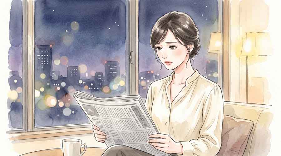 夏の夜景を背景に窓際で新聞を読みながら考えている知的な女性
