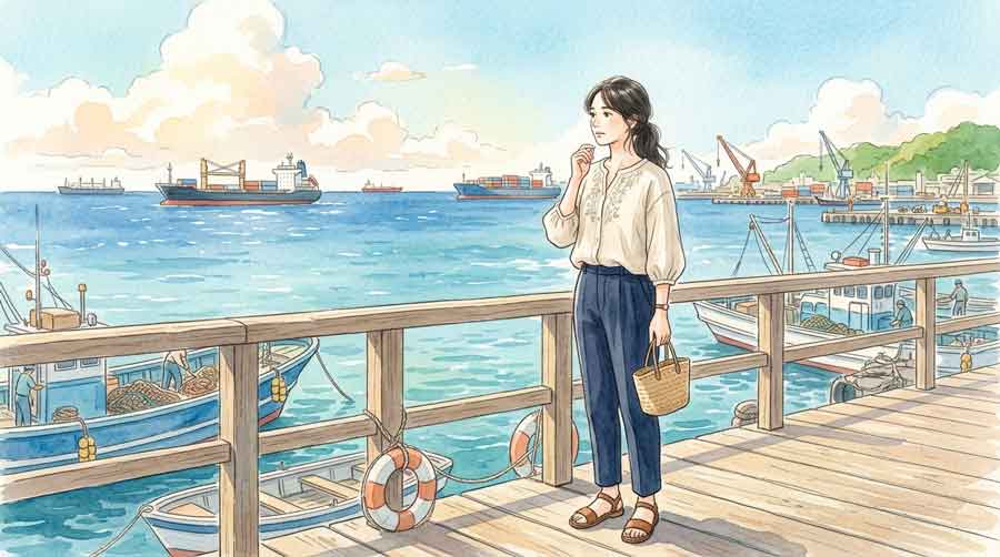 海を眺めながら難しい表情で考えている落ち着いた女性、夏の港にて