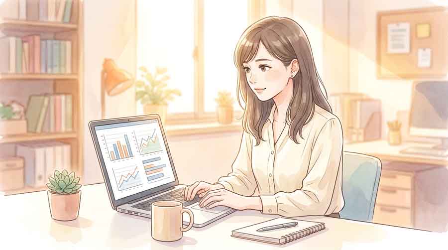 窓際でニュースを読みながら考え込んでいる落ち着いた表情の女性