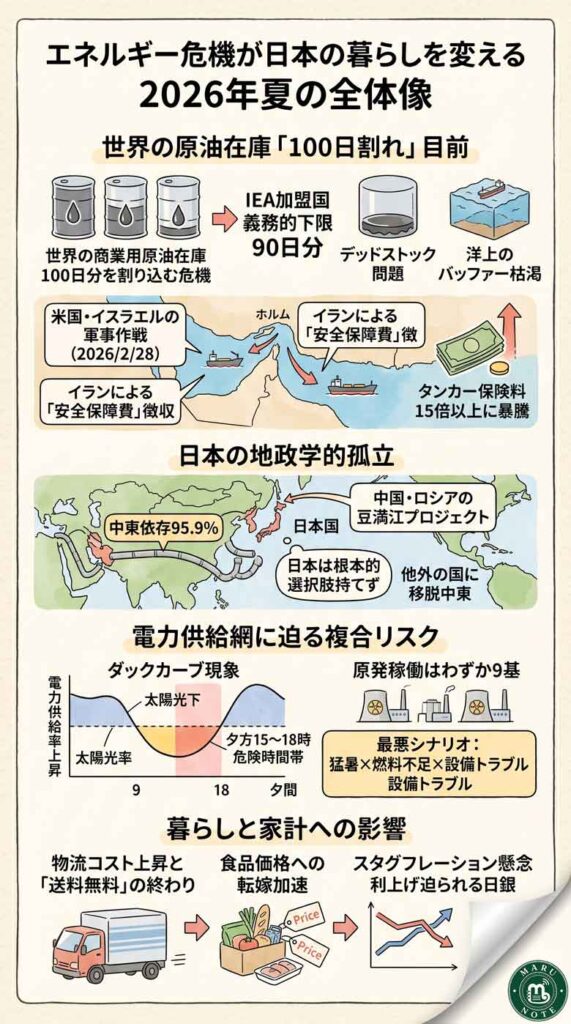 世界の原油在庫が「100日割れ」目前。エネルギー危機が日本の暮らしを変える2026年夏の全体像インフォグラフ