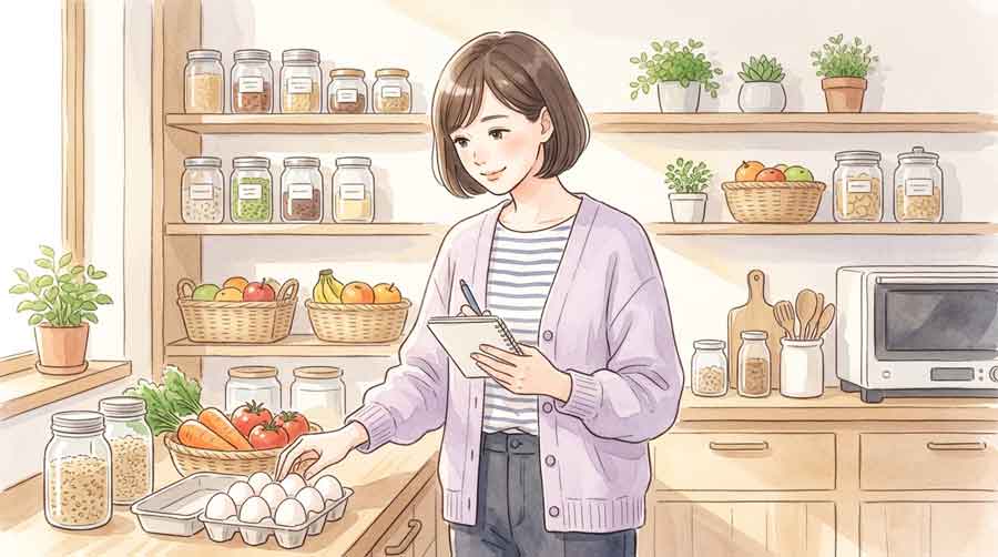 食材の値段を確認しながらメモを取っている落ち着いた女性、明るいキッチンにて