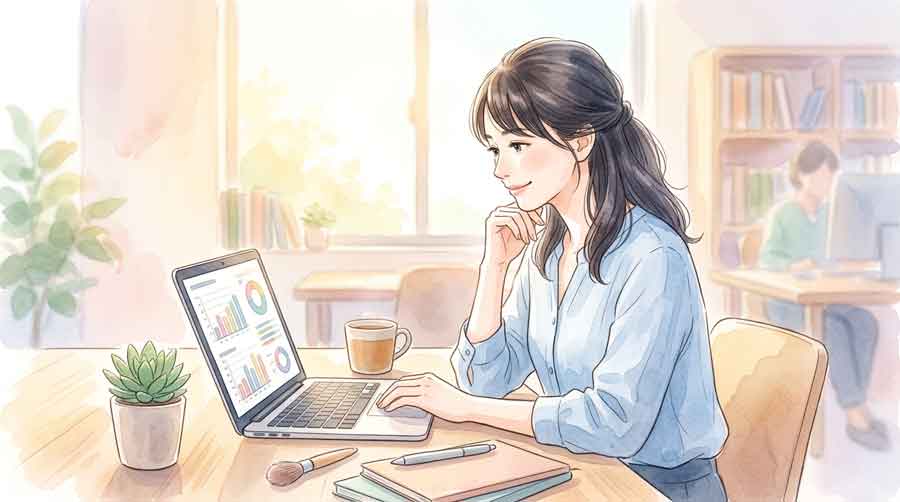 PIC2 | alt: データグラフを前に真剣に考察している知的な女性、明るいオフィスにて