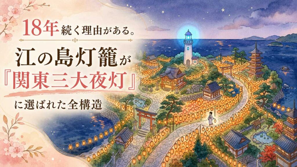 江の島全体が灯籠の光に包まれた夜の俯瞰イメージ