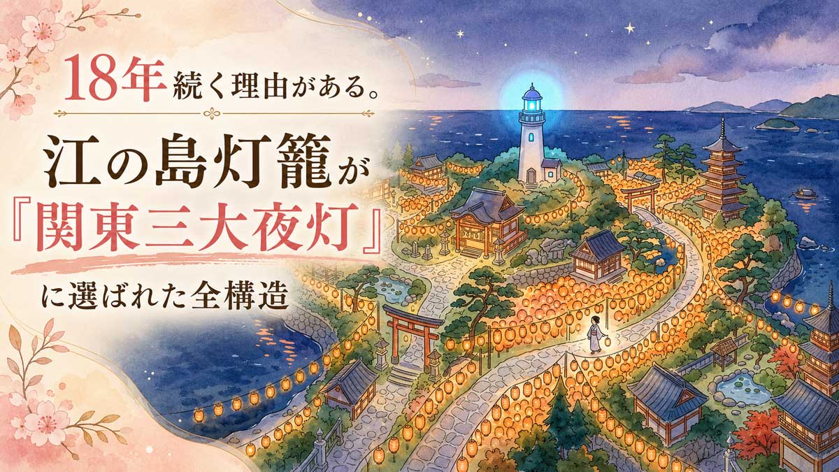 江の島全体が灯籠の光に包まれた夜の俯瞰イメージ