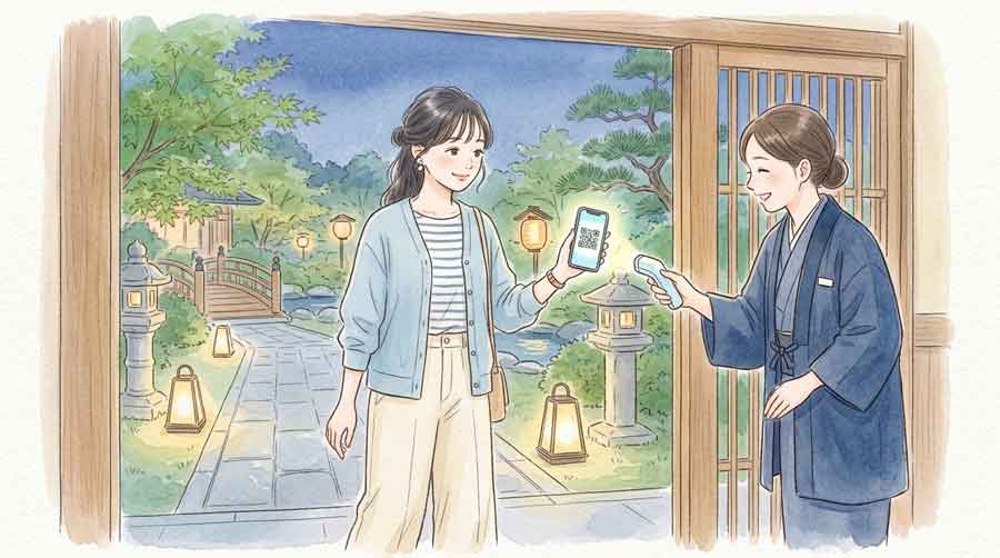 スマートフォンのQRコードで江の島施設にスムーズ入場する女性