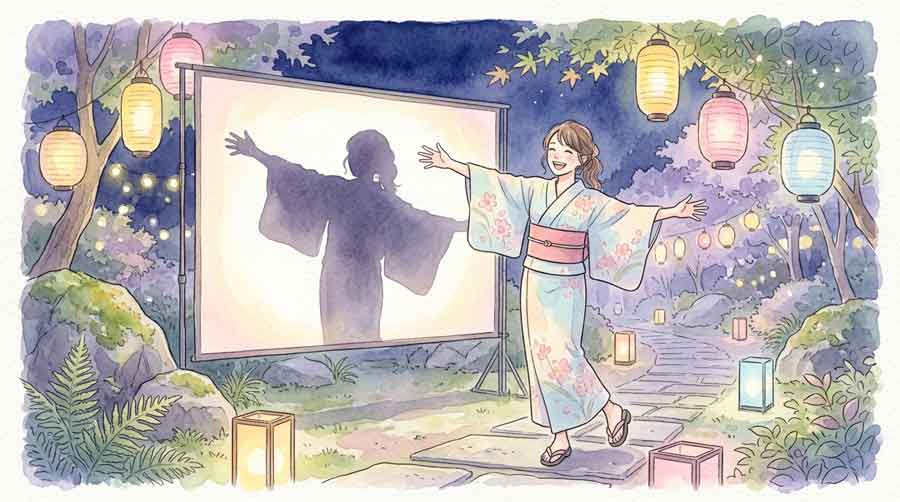 かげ絵ひろばで自分の影を投影して楽しむ浴衣の女性