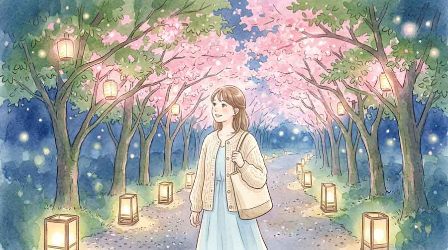 夏の緑の木々が光で夜桜のトンネルに見える中を歩く女性